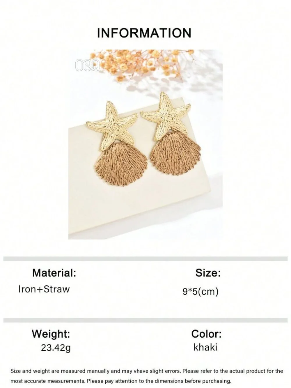 Brown Boho Women's Handmade Woven Raffia Grass Starfish Shell Earrings